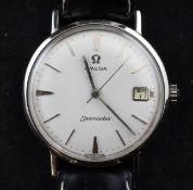 A gentleman`s 1950`s? stainless steel Omega Seamaster manual wind wrist watch, with baton numerals
