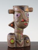 A 20th century cubist painted terracotta vase, modelled as a tribal figure, unmarked, 8in.