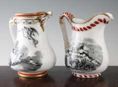 A G F Bowers jug, transfer-printed with Crimean scenes, with rope-twist handle and a similar