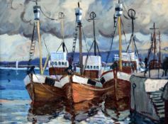 Ian MacInnes (20th C.)oil on canvas,Trawlers in a harbour,signed,15 x 20.5in.