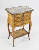 A French Louis XV style marquetry inlaid and kingwood side table, with marble top and three drawers,