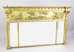 A Regency gilt and gesso overmantel mirror, the frieze decorated with a classical processional scene