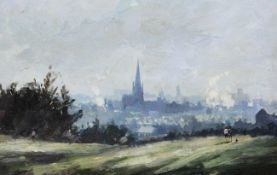 Roy Petley (1951-)oil on board,Landscape with church steeple,signed and dated `72,10.5 x 16.5in.