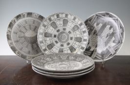 Six Fornasetti Cortili plates, late 20th century, decorated with black and white courtyard