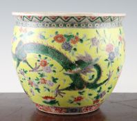 A Chinese famille rose `dragon` goldfish bowl, late 19th century, the interior painted with goldfish