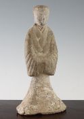 A Chinese terracotta tomb figure, Han dynasty, the standing female figure with crossed arms and