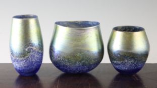 Norman Stuart Clarke. Three contemporary iridescent glass vases, dated 1997, each with yellow and