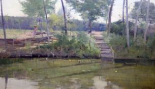 Eugene Clary (1856-1926)oil on canvas,Bords de Seine - Tosny,signed,12.5 x 21.5in.