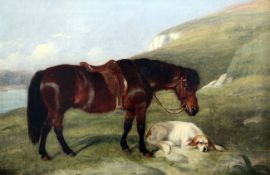 Attributed to Richard Ansdell (1815-1885)oil on canvas,Pony and hound on a cliff top,13 x 19in.