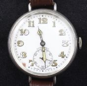 A gentleman`s early 1930`s silver Longines manual wind wrist watch, with white Arabic dial and