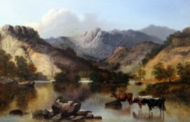 B Smith (19th C,)oil on canvas,Scottish landscape with cattle watering, `Rydal Water, Westmorland`