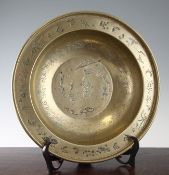 A Chinese bronze basin, 19th century, the interior cast and chased with an nobleman on horseback