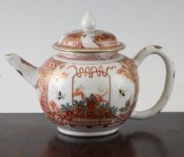 A Chinese verte Imari globular teapot and cover, c.1740, painted with a basket of flowers with a