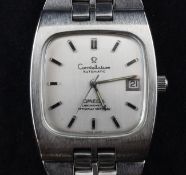 A gentleman`s 1970`s stainless steel Omega Constellation automatic wrist watch, the rounded square