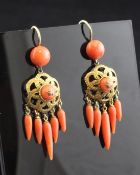 A pair of Victorian gold, coral and rose cut diamond set drop earrings, with pierced setting, 2in.