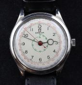 A gentleman`s 1940`s stainless steel Omega manual wind wrist watch, the Arabic dial with red outer