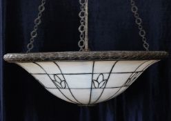 A pair of lead light white opaque circular glass ceiling shades, with laurel leaf border and pierced