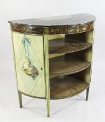 A George III painted demi lune side cabinet, fitted with three central shelves between two