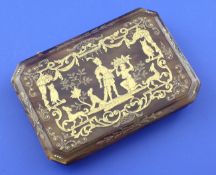 An early 19th century Neapolitan tortoiseshell and gold pique snuff box decorated with figures, dogs