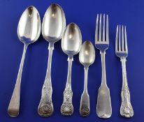 A mixed canteen of Georgian and later flatware, various patterns, dates and makers, weighable silver