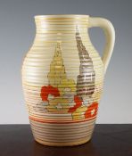 A Clarice Cliff `Capri` pattern lotus jug, c.1933, the ribbed form decorated with red, brown, and