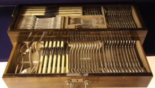 A canteen of Elkington & Co silver plated King`s pattern cutlery for twelve, with engraved monogram,
