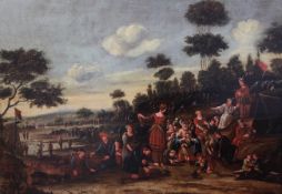 18th century Flemish Schooloil on wooden panel,The feeding of the five thousand,21.5 x 30.5in.