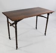 A 19th century rectangular mahogany folding campaign table, the folding turned legs with spring