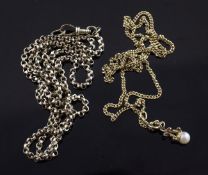 A 9ct gold belcher link chain and an Italian gold and cultured pearl set pendant on a 9ct gold