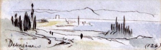 Edward Lear (1812-1888)ink and watercolour,`Desengzane (124)`,Agnews label verso,1.5 x 5in.