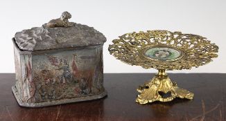 Crimean War Interest: A painted cast metal tobacco box and cover, and a gilt metal openwork tazza