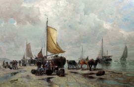 Désiré Thomassin (1858-1933)oil on canvas,Fisherfolk on the Beach,signed,27 x 39in.