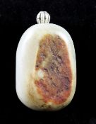 A Chinese pale grey and russet jade `pebble` snuff bottle, 1800-1900, one side flat with a russet