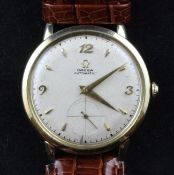 A gentleman`s late 1940`s gold plated Omega automatic wrist watch, with baton and quarterly Arabic