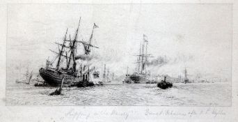 William Lionel Wyllie (1851-1931)etching,Warships Leaving the Solent, signed in pencil, 3.75 x 8.