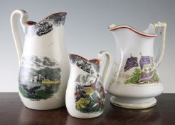 An Elsmore & Forster Crimean War puzzle jug to Tho. Jackson 1858, and two similar polychrome