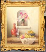Robert Chailloux (1913-2006)oil on canvas,Still life of fruit and flowers on a ledge,signed,21.5 x