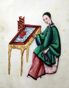 A Chinese album of twelve pith paintings of musicians, the majority in seated pose, pink ribbon