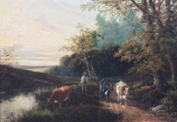 S.H. (19th C.)oil on canvas,Cattle and drover at sunset,initialled,11.5 x 16in.