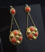 A pair of Victorian gold and split coral bead drop earrings, of disc form, each with spiral twist