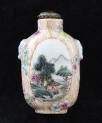 A Chinese famille rose faux wood ground snuff bottle, Qianlong mark, 1820-50, painted to oval
