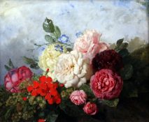 Victorian Schooloil on millboard,Still life of roses and other flowers on a ledge,monogrammed,