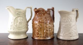 A Crimean War brown salt glazed jug, depicting men taking the Queen`s shilling, `Admiral Napier` jug