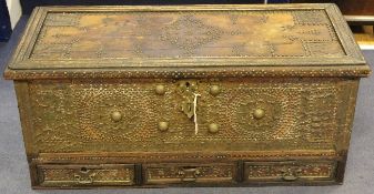A 19th century brass mounted hardwood zanzibar chest, with three base drawers, 3ft 5in.