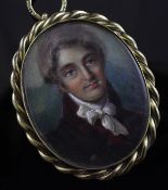 A Victorian gilt framed miniature of a gentleman, in gilt metal frame, with banded agate back (