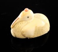 A Chinese ivory `seated crane` snuff bottle, Qing dynasty, with naturalistically carved feathers and