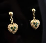A pair of 20th century Victorian style Italian 18ct gold, emerald and diamond cluster heart shaped