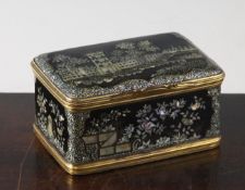 A Chinese export laque burgaute rectangular box and cover, 18th century, the slightly domed cover