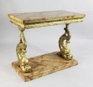 An early 18th century style painted and giltwood console table, with simulated marble top and