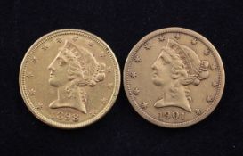 Two US gold 5 dollars, 1898 and 1901, both with S mint marks